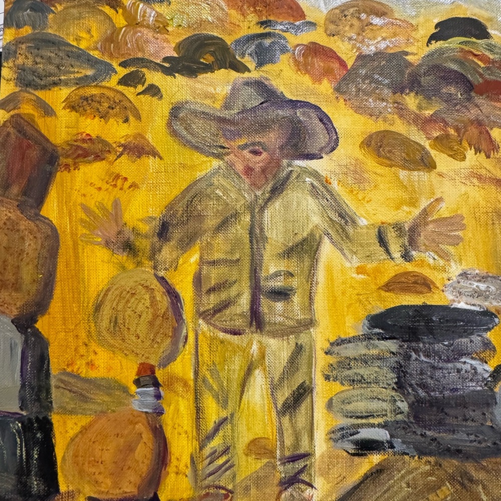 Vibrant Yellow and Brown Expressionist Painting of Rock sculptures in Mazatlan